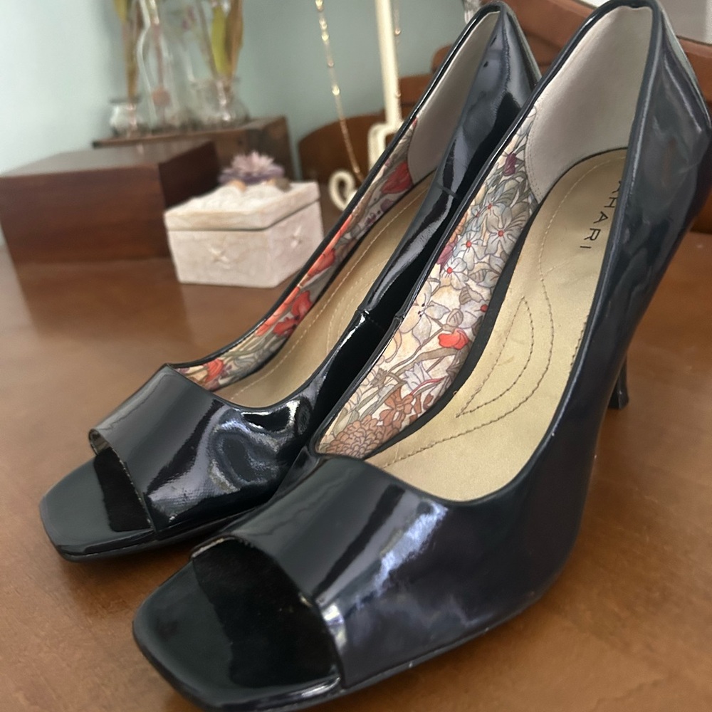 Tahari Glossy Black Peep-Toe Heels